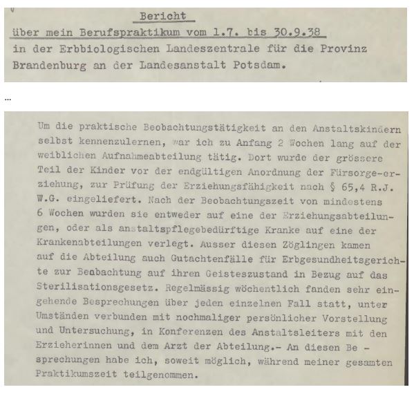 Auszug aus dem Praktikumsbericht einer Schülerin des Jahres 1943 der Sozialen Frauenschule Berlin