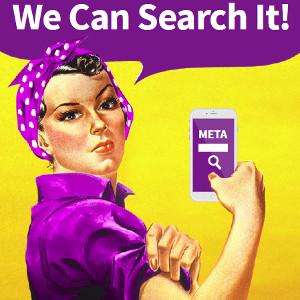 Ausschnitt der META-Postkarte mit dem Slogan: We can search it!