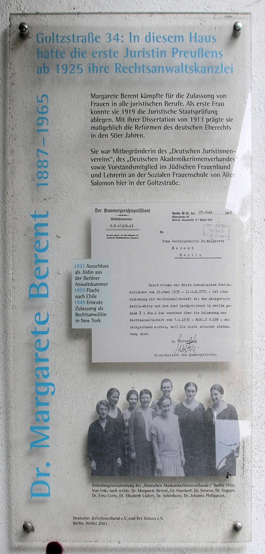 Gedenktafel, Margarete Berent, Goltzstraße 34, Berlin-Schöneberg, Deutschland