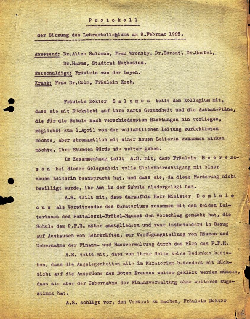 Protokoll der Sitzung des Lehrerkollegium am 9. Februar 1925