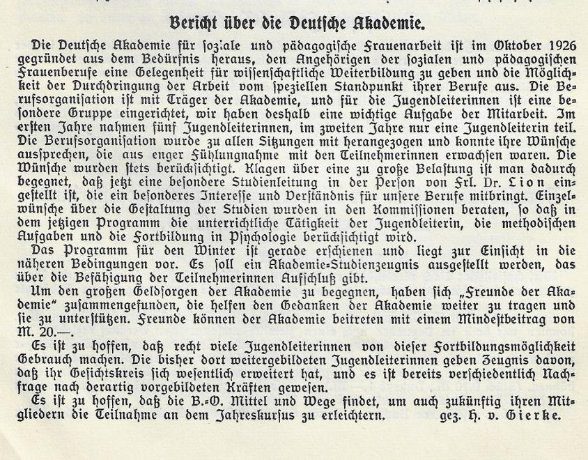 Bericht über die Deutsche Akademie von Hildegard von Gierke 