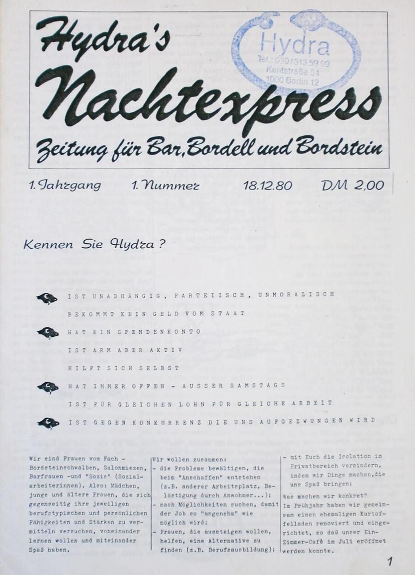 1.	Titelseite der 1. Ausgabe des Hydra‘s Nachtexpress vom 18.12.1980