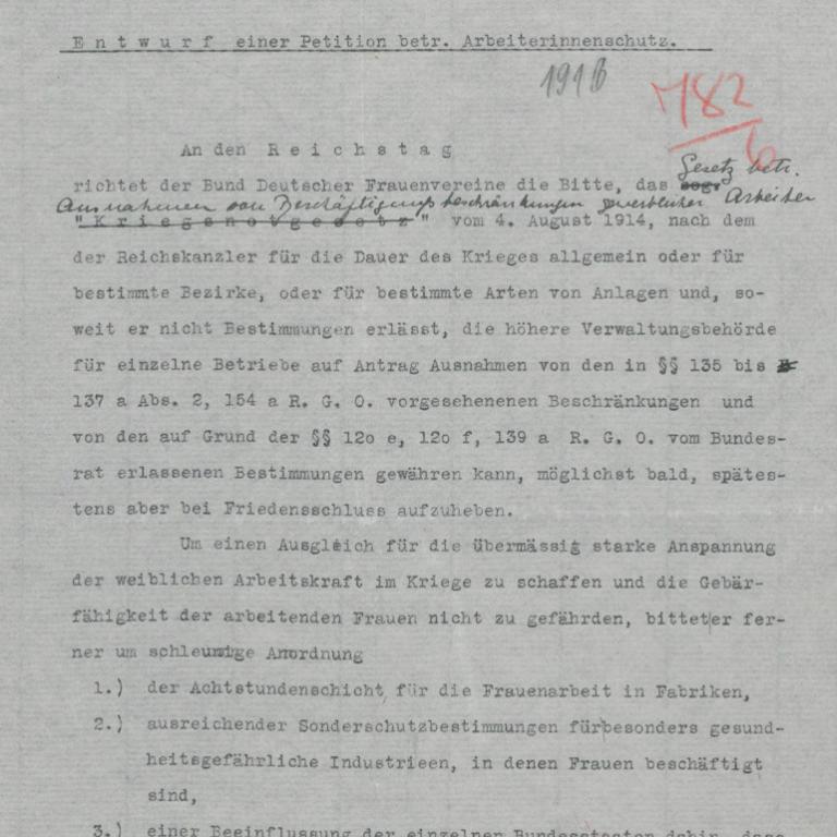 Entwurf einer Petition betr. Arbeiterinnenschutz, 1916
