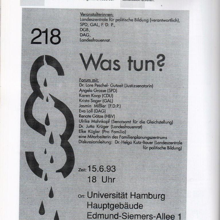 Plakat "Was tun?" zu einer Veranstaltung zu §218 1993 in Hamburg