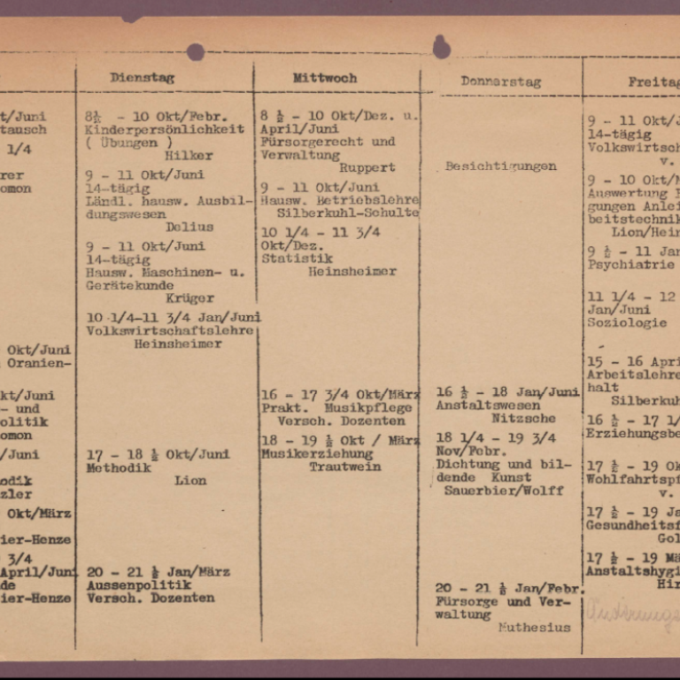 Stundenplan der Studienkurse in der Deutschen Akademie für soziale und pädagogische Frauenarbeit von 1932