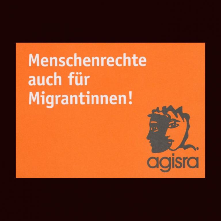 Sticker von agisra e. V. mit der Aufschrift: "Menschenrechte auch für Migrantinnen!"