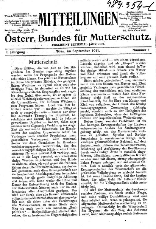 1. Seite der Mitteilungen des Österreichischen Bundes für Mutterschutz, 1911