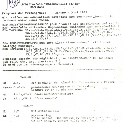Arbeitskreis "Homosexuelle Liebe" Programm der Frauengruppe 1989