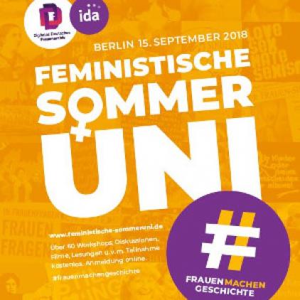 Gelbes Plakat der Feministischen Sommeruni 2018 mit Schrift drauf