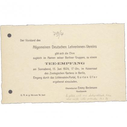 Einladung zum Teeempfang des Allgemeinen Deutschen Lehrerinnenvereins 1929