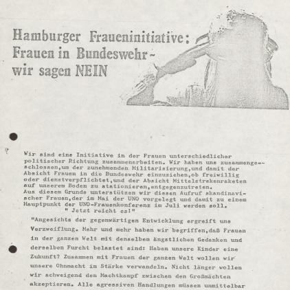 Selbstvorstellung Hamburger Fraueninitiative: „Frauen in die Bundeswehr? – Wir sagen NEIN“