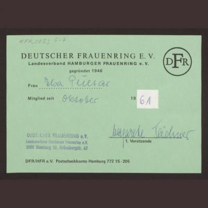 Mitgliedskarte des Hamburger Frauenring e.V. von Elsa Pultar