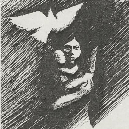 Schwarz-Weiß-Zeichnung einer Frau mit Kind auf dem Arm unter einer weißen Taube
