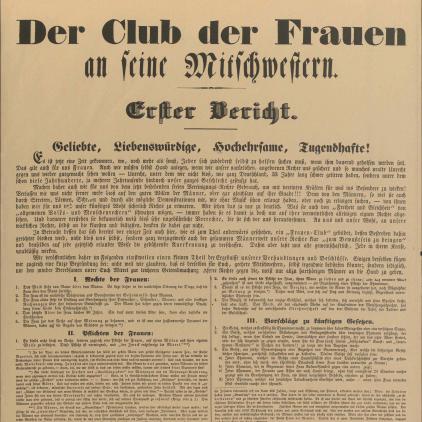 Plakatausschnitt mit der Überschrift "Der Club der Frauen an seine Mitschwestern"