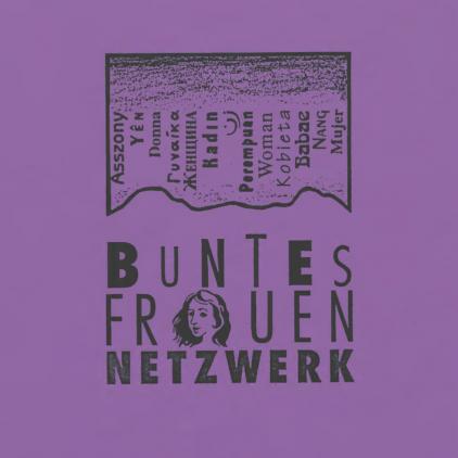 schwarzer Schriftzug von "Buntes Frauennetzwerk" auf lila Hintergrund