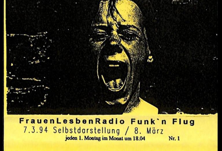 Kassettencover der ersten Sendung vom FrauenLesbenRadio Funk’n Flug: abgebildet ist eine Person, darunter folgt Schrift