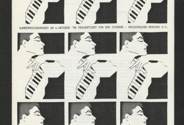 Zeichnung einer Frau von der Seite, mit der Hand auf der Schulter und einer Krawatte im Stil einer Klaviertastatur, das Bild wird 9 mal wiederholt