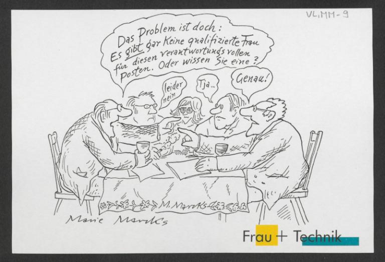 Zeichnung von mehreren älteren weißen Männern am Tisch mit Sprachblase "Das Problem ist doch: Es gibt gar keine qualifizierten Frau" und zustimmenden Antworten 